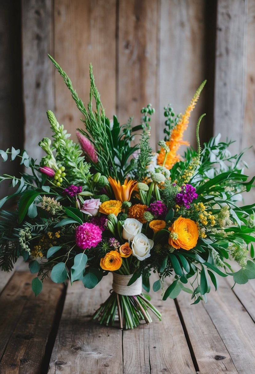 A vibrant assortment of fresh flowers and greenery arranged on a rustic wooden table, showcasing Twigg Botanicals' colorful mix for wedding bouquet inspiration