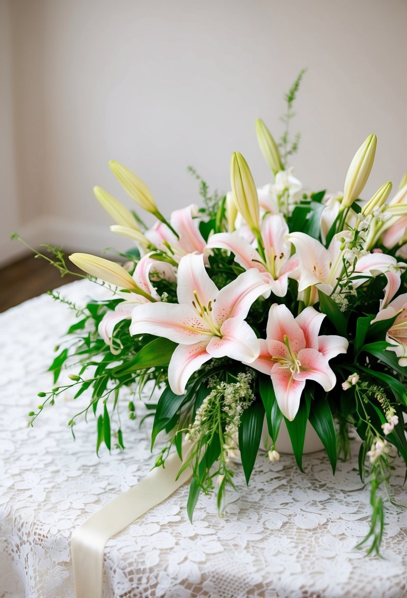 A white lace tablecloth adorned with a lush arrangement of pink and white lilies, interspersed with delicate greenery and tied with a satin ribbon