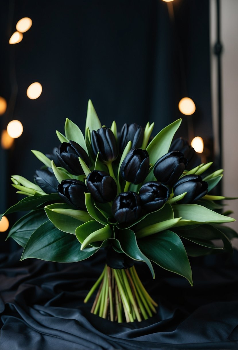 A lush wedding bouquet of velvety black tulips and ebony leaves, set against a dark backdrop