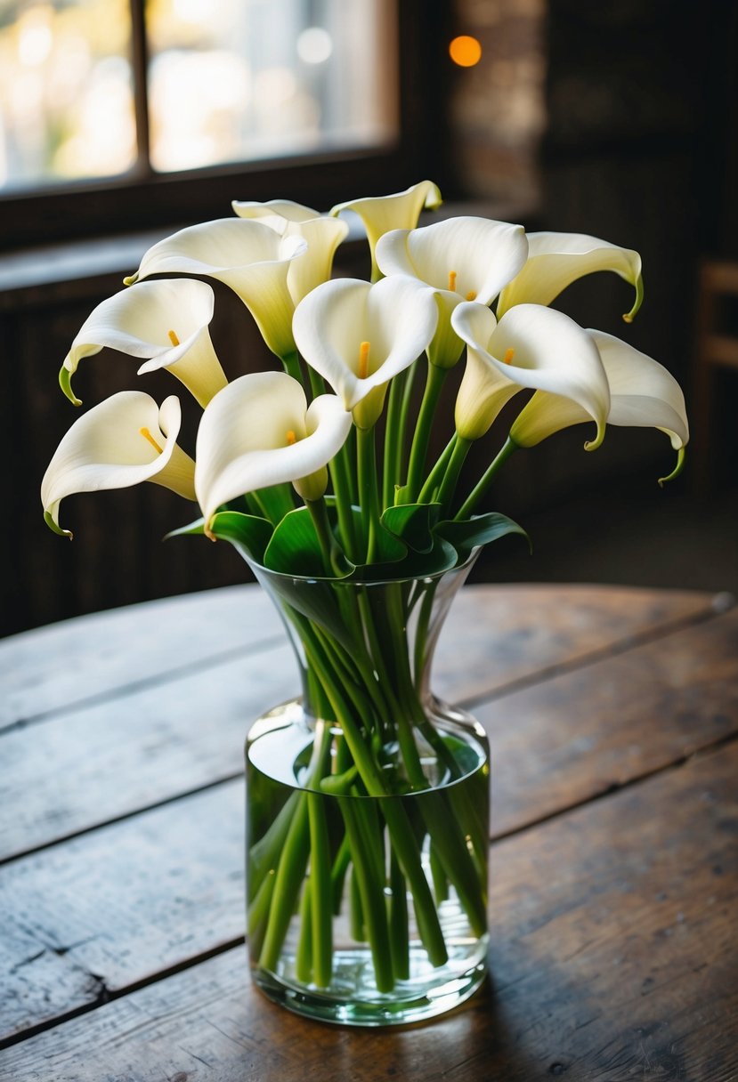 A classic white calla lily bouquet arranged in a glass vase on a rustic wooden table