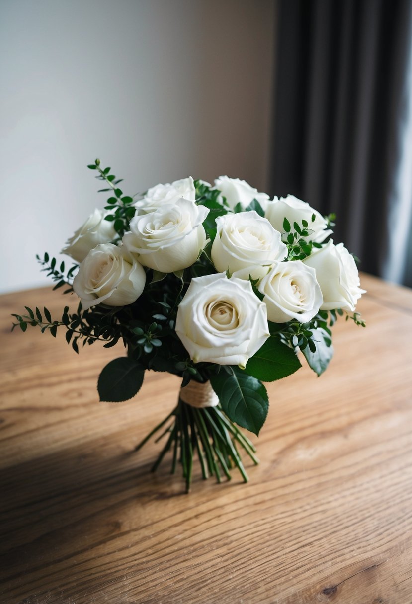 A simple bouquet of white roses and greenery on a wooden table