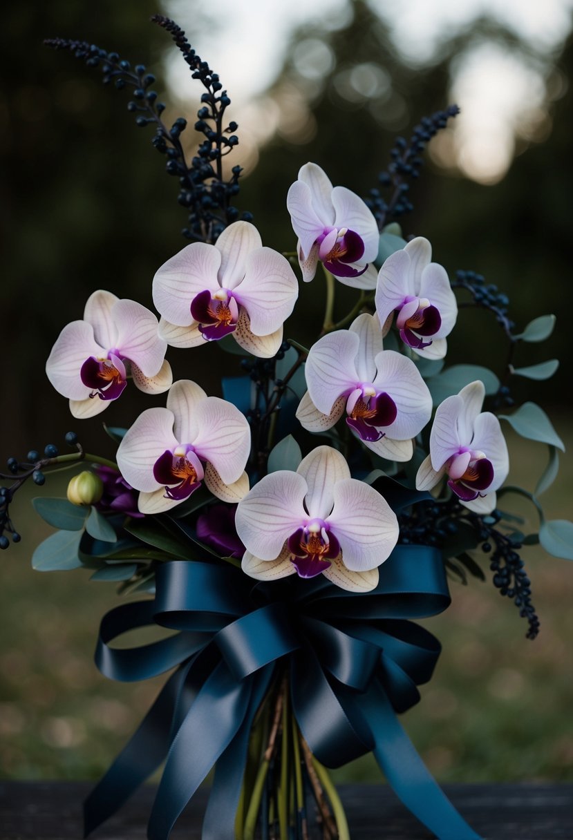 Dark orchids and silk ribbons intertwined in a moody wedding bouquet