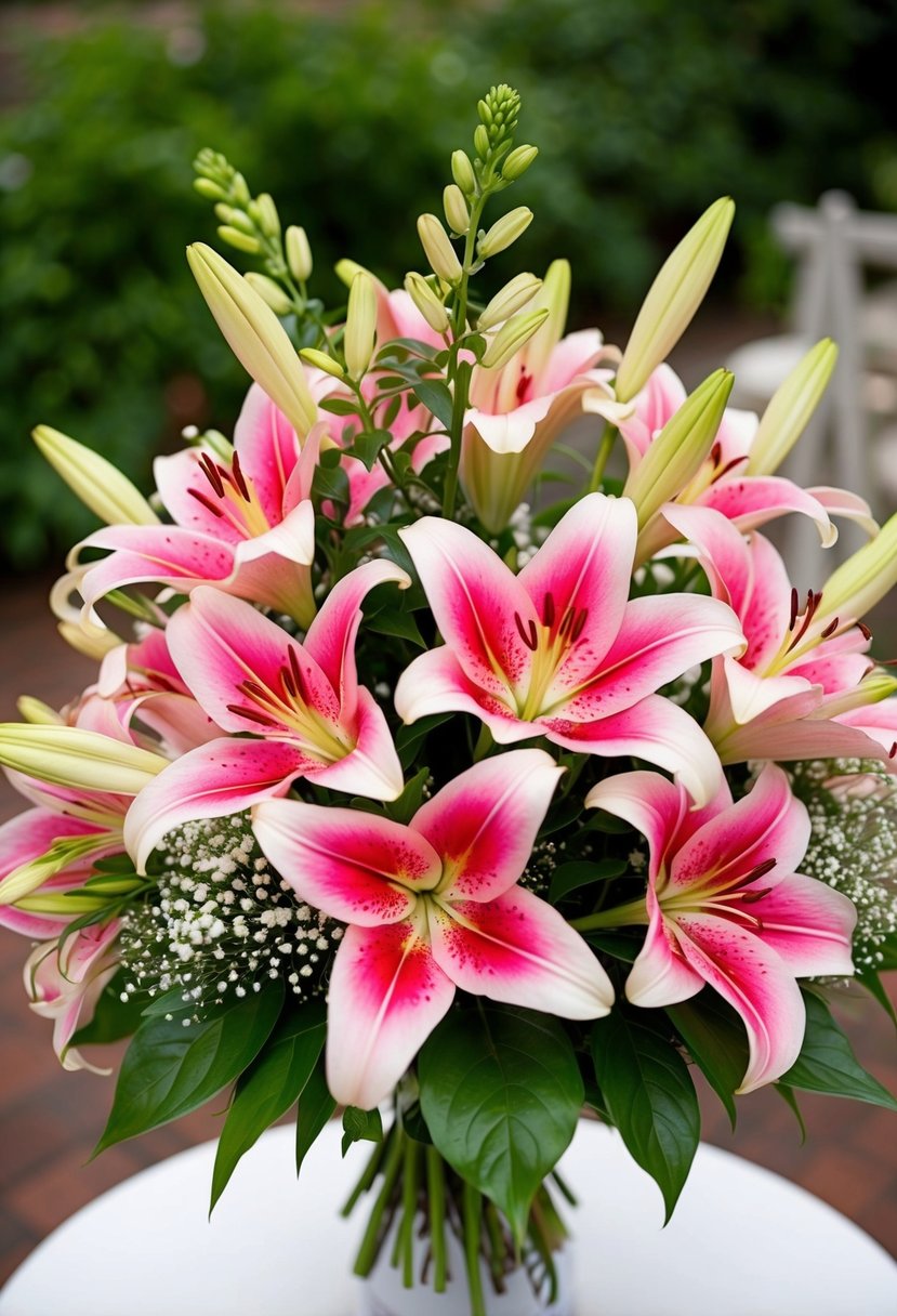 A vibrant arrangement of pink Stargazer lilies in a wedding bouquet, with delicate green foliage and a touch of baby's breath