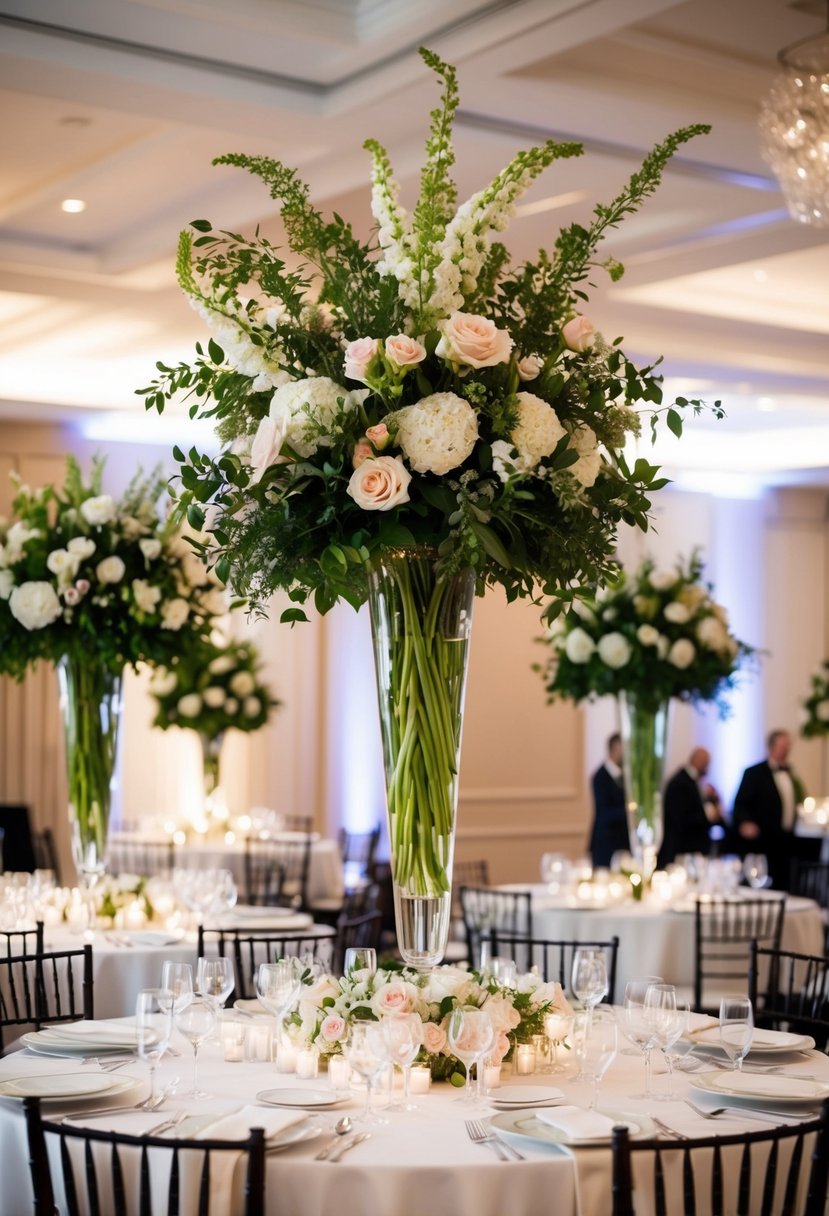 Tall vases filled with lush flowers stand atop tables at a wedding, creating elegant and dramatic centerpieces