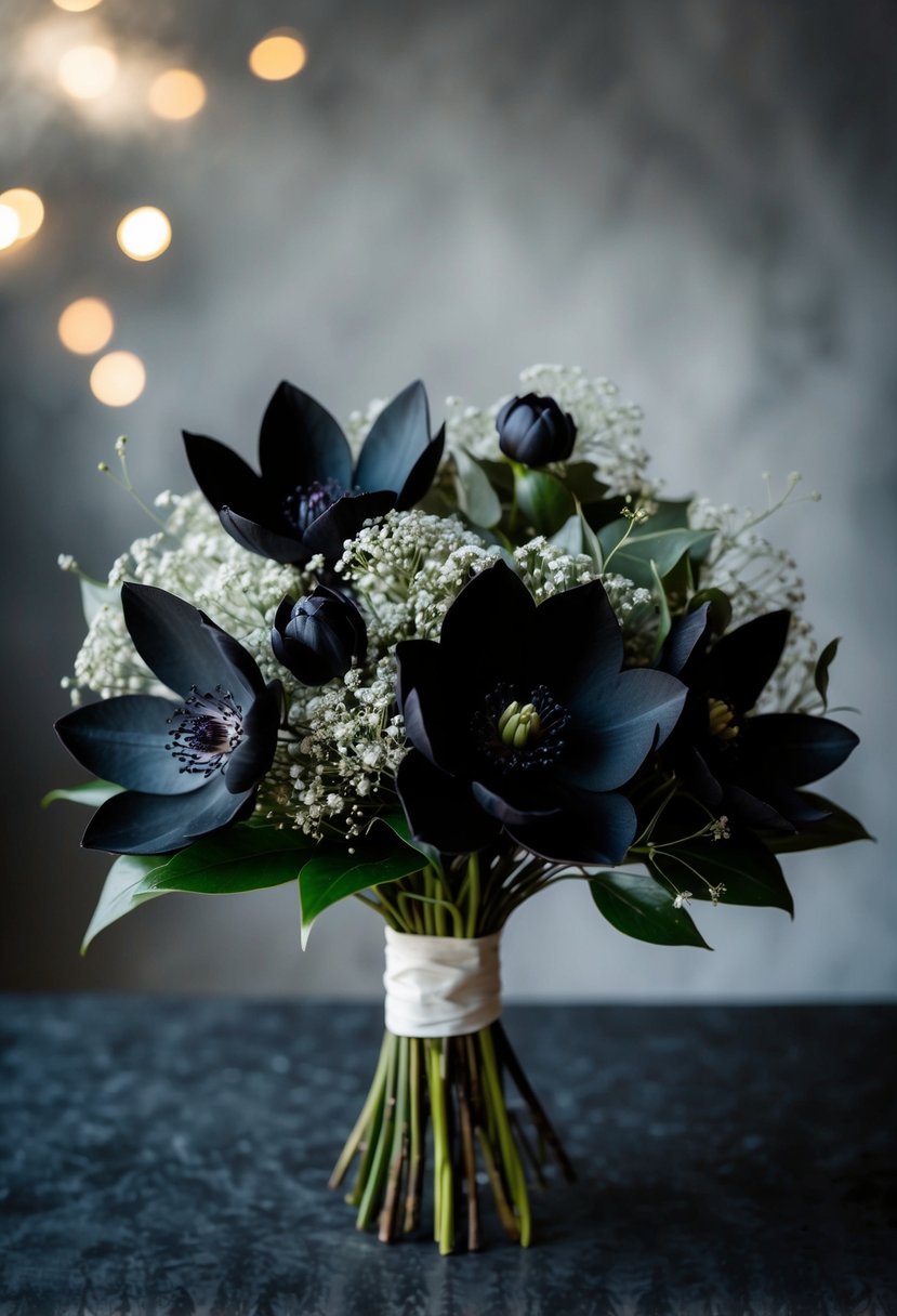 A dark wedding bouquet featuring ebony hellebores and delicate baby's breath, set against a moody background with soft lighting