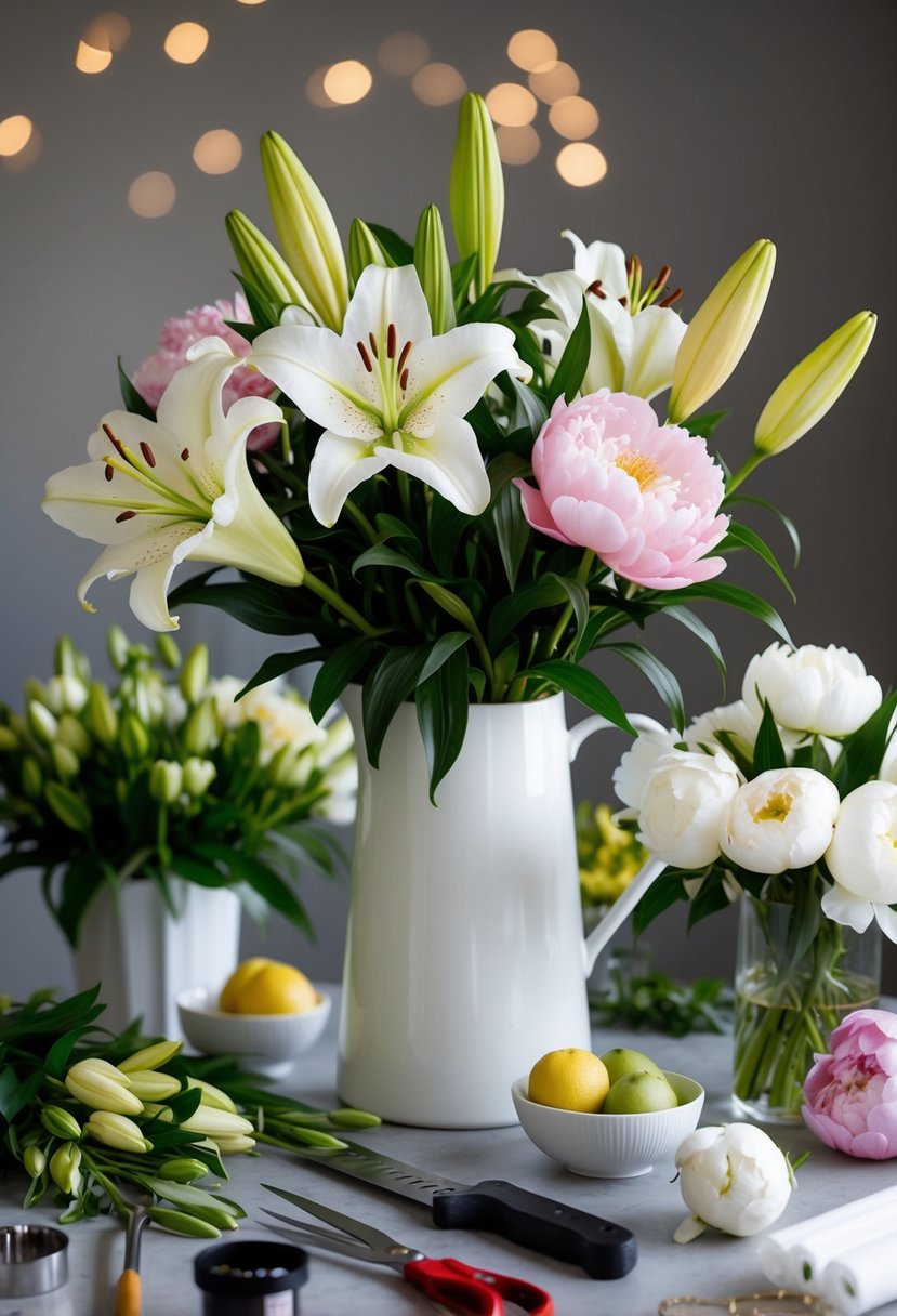 A table with a variety of lilies and peonies, surrounded by floral arranging tools and materials