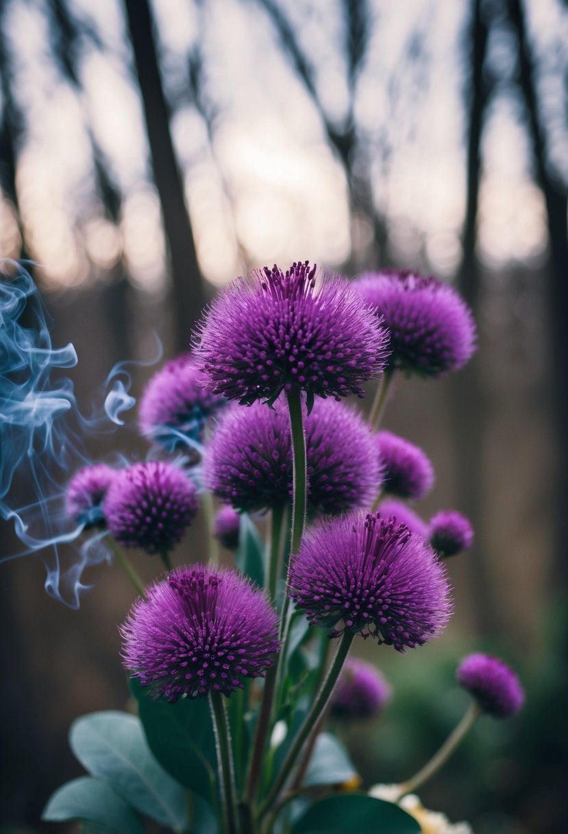 Deep purple scabiosa buds contrast with wispy smoke tree branches in a moody wedding bouquet