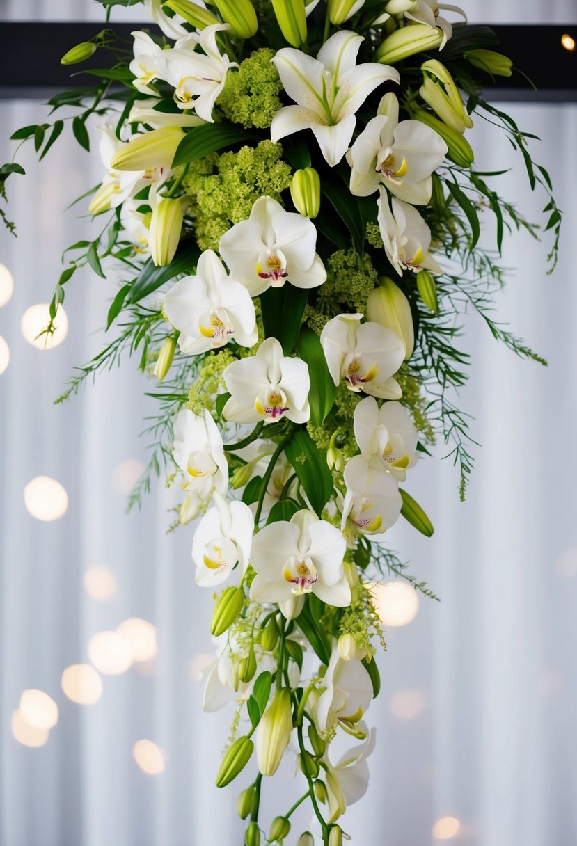 A cascading bouquet of lilies and orchids, with delicate greenery, arranged in a flowing, natural style