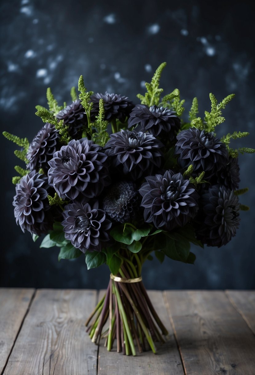 A lush bouquet of charcoal dahlias with metallic accents, set against a dark, moody backdrop