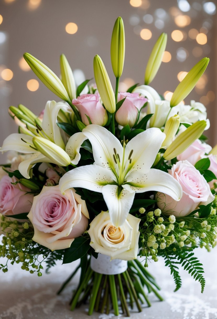 A delicate mix of lilies and roses arranged in a romantic wedding bouquet