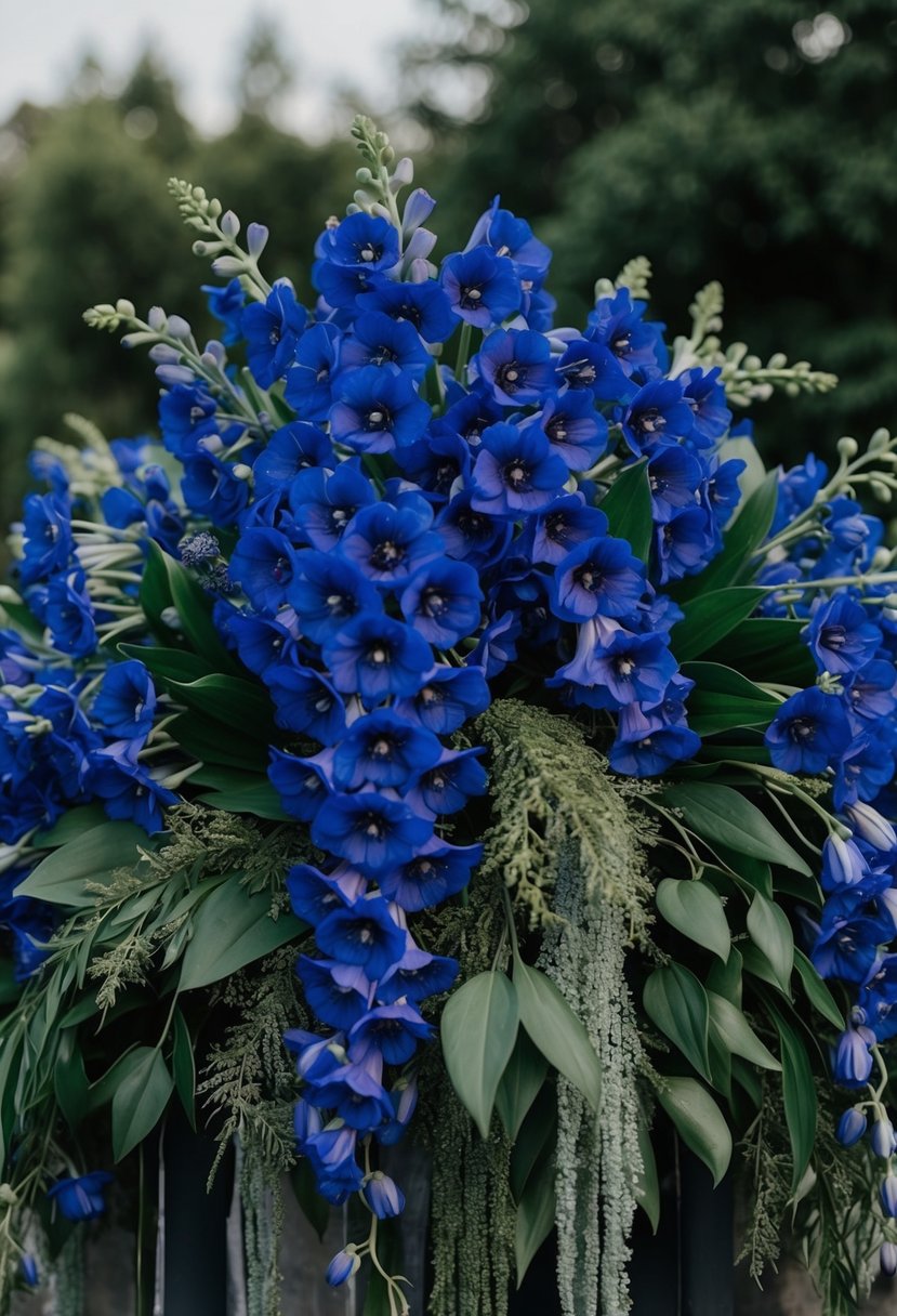 A lush, cascading bouquet of midnight blue delphiniums, with layers of textural greenery and dark accents