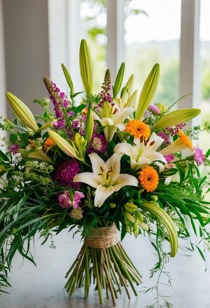 A lush bouquet of wildflowers and lilies arranged in a bohemian style, with flowing greenery and pops of vibrant colors