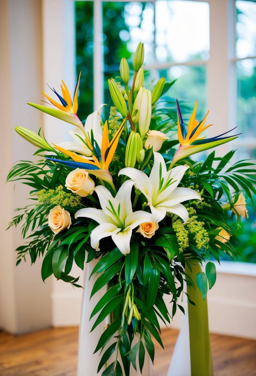 A vibrant wedding bouquet of lilies and Birds of Paradise, with lush green foliage, arranged in a delicate, cascading style