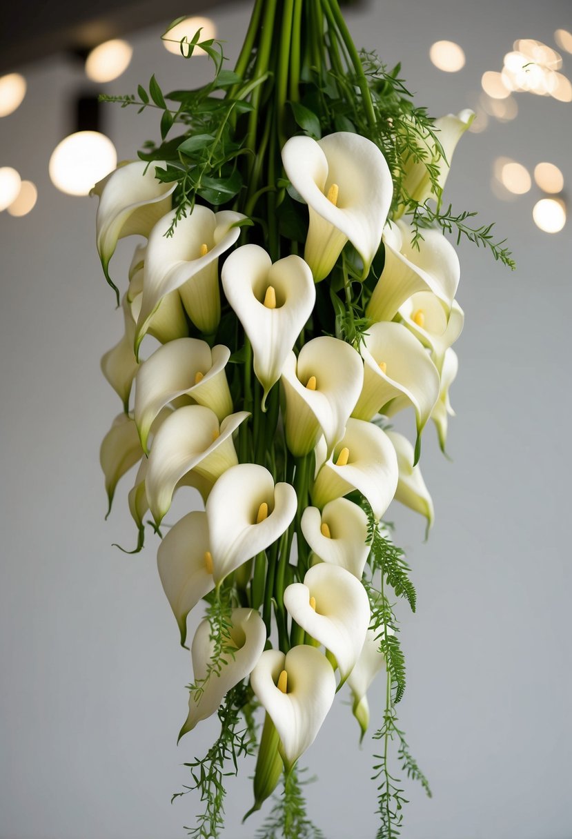 A cascading bouquet of white calla lilies, with delicate greenery, held by a slender stem