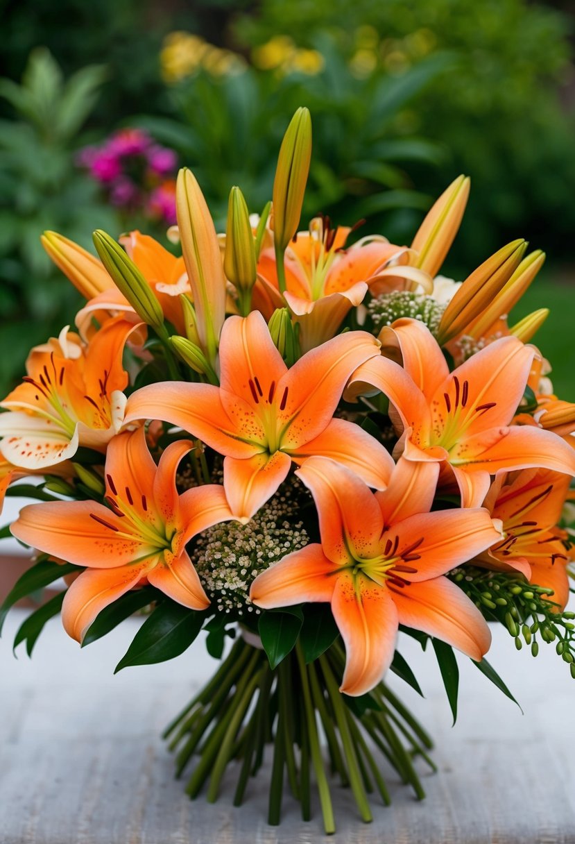 A bouquet of sunset orange lilies, blended with other lily varieties, arranged in a wedding bouquet