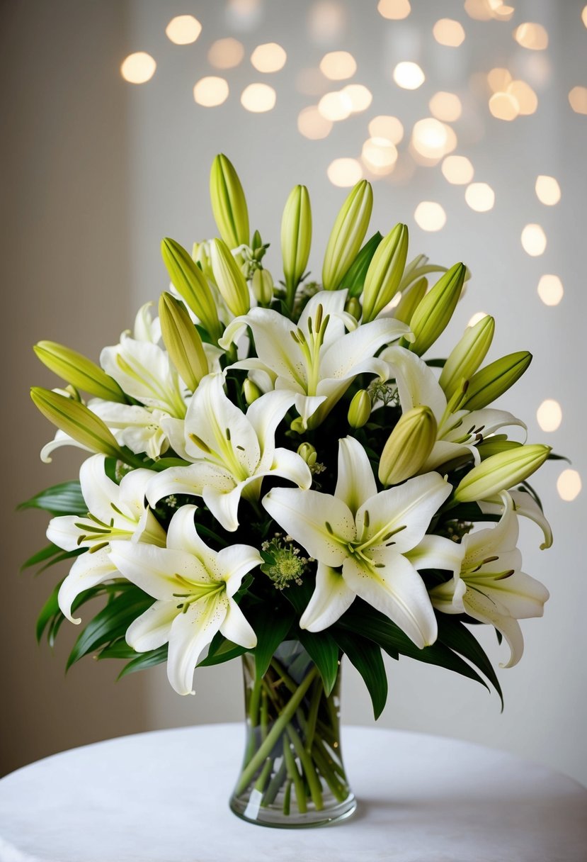 A bouquet of lilies with French twist accents, arranged in a delicate and elegant manner