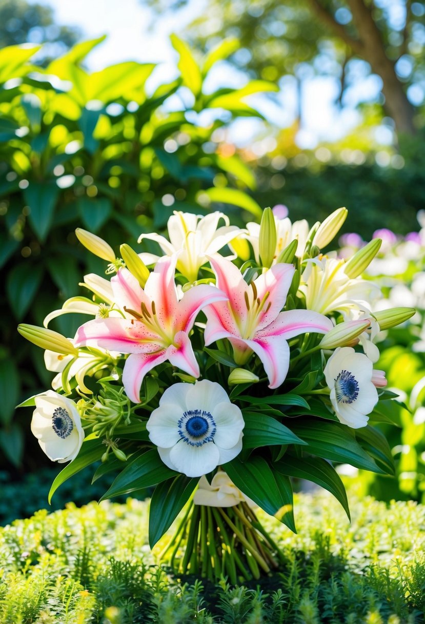 A lush garden with vibrant lilies and delicate anemones arranged in a wedding bouquet. Sunshine filters through the foliage, casting dappled shadows