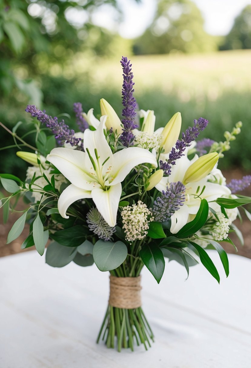 A rustic wedding bouquet featuring lilies and lavender, with greenery and delicate floral accents