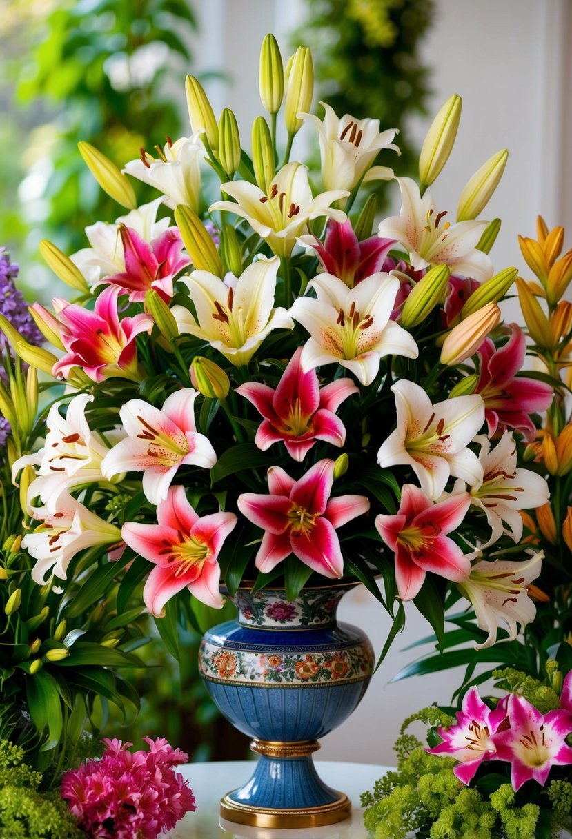 A lush, colorful bouquet of lilies in various shades and sizes arranged in a decorative vase, surrounded by greenery and other vibrant spring flowers