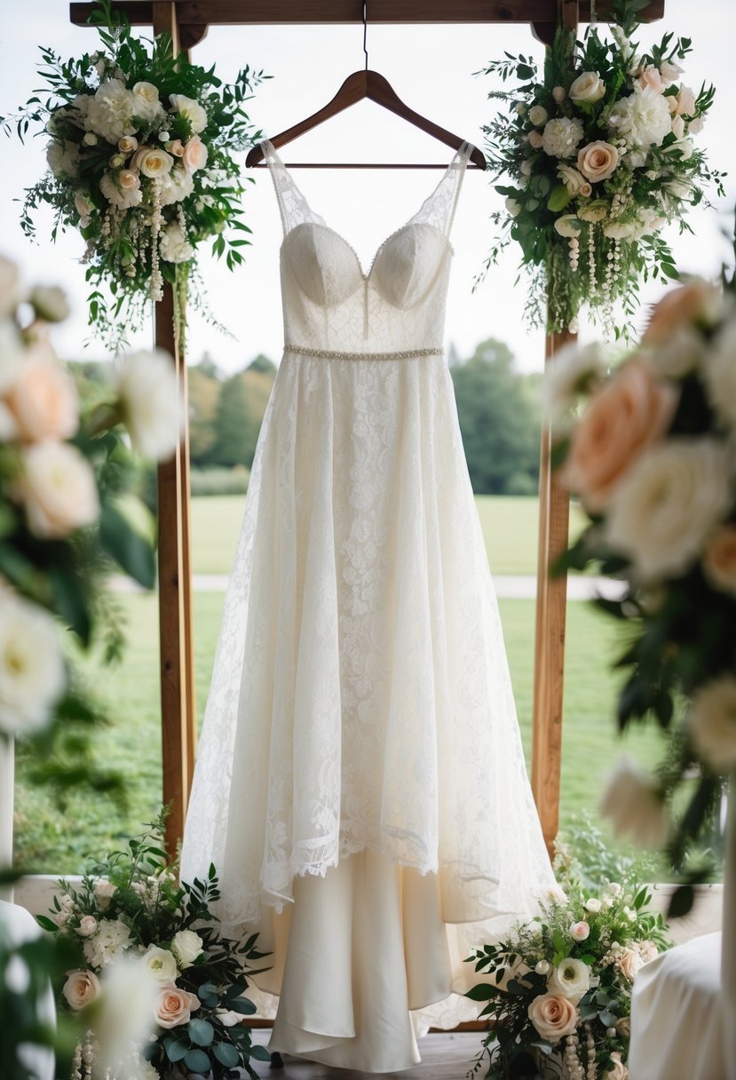 A flowing, white lace wedding dress hangs from a vintage wooden hanger, surrounded by delicate floral bouquets and elegant pearl accessories