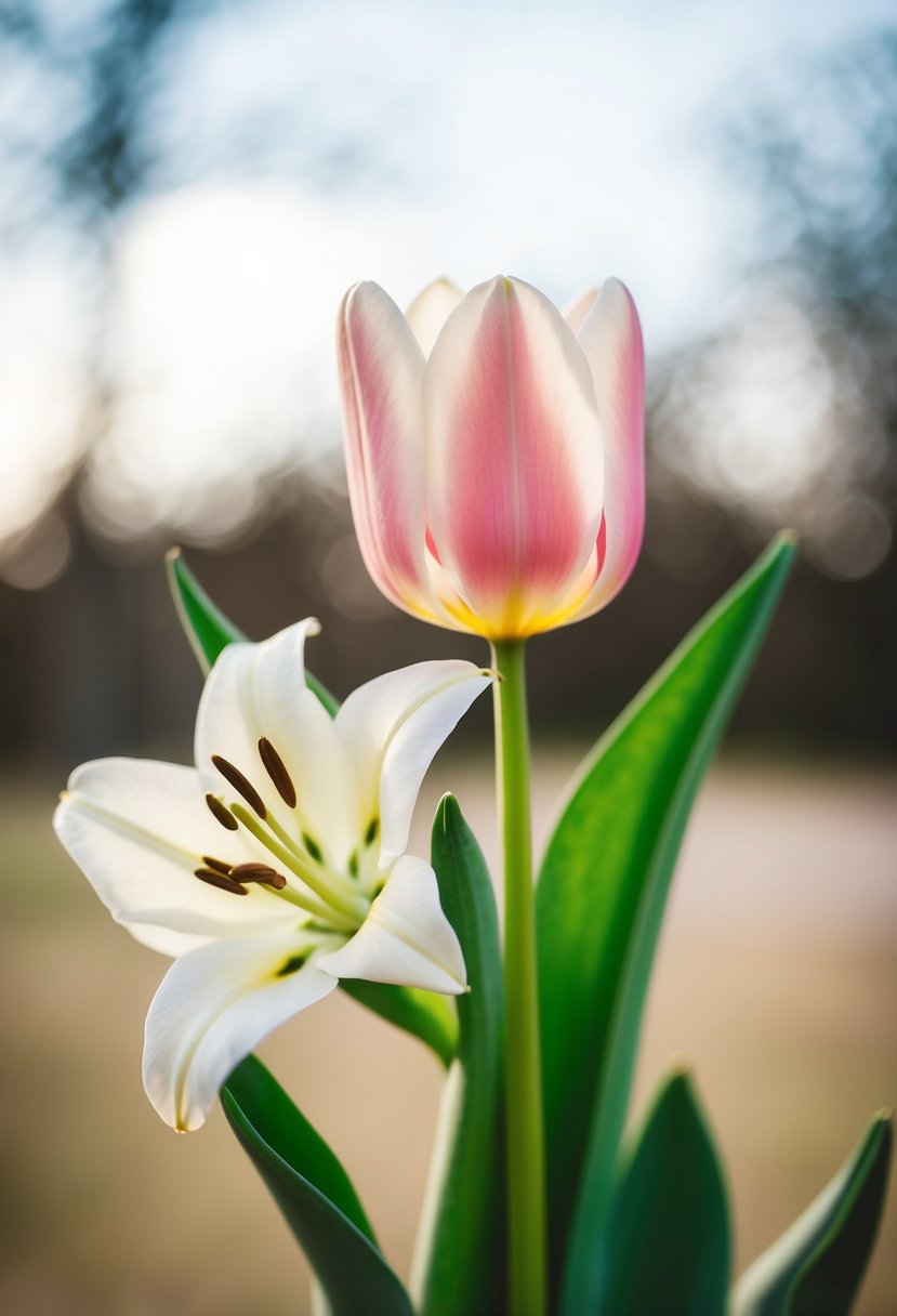 A single tulip and lily in a simple, elegant wedding bouquet