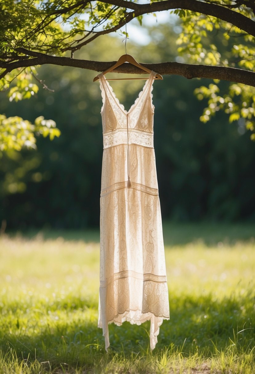 A flowing bohemian lace maxi dress hanging from a tree branch in a sun-dappled forest clearing