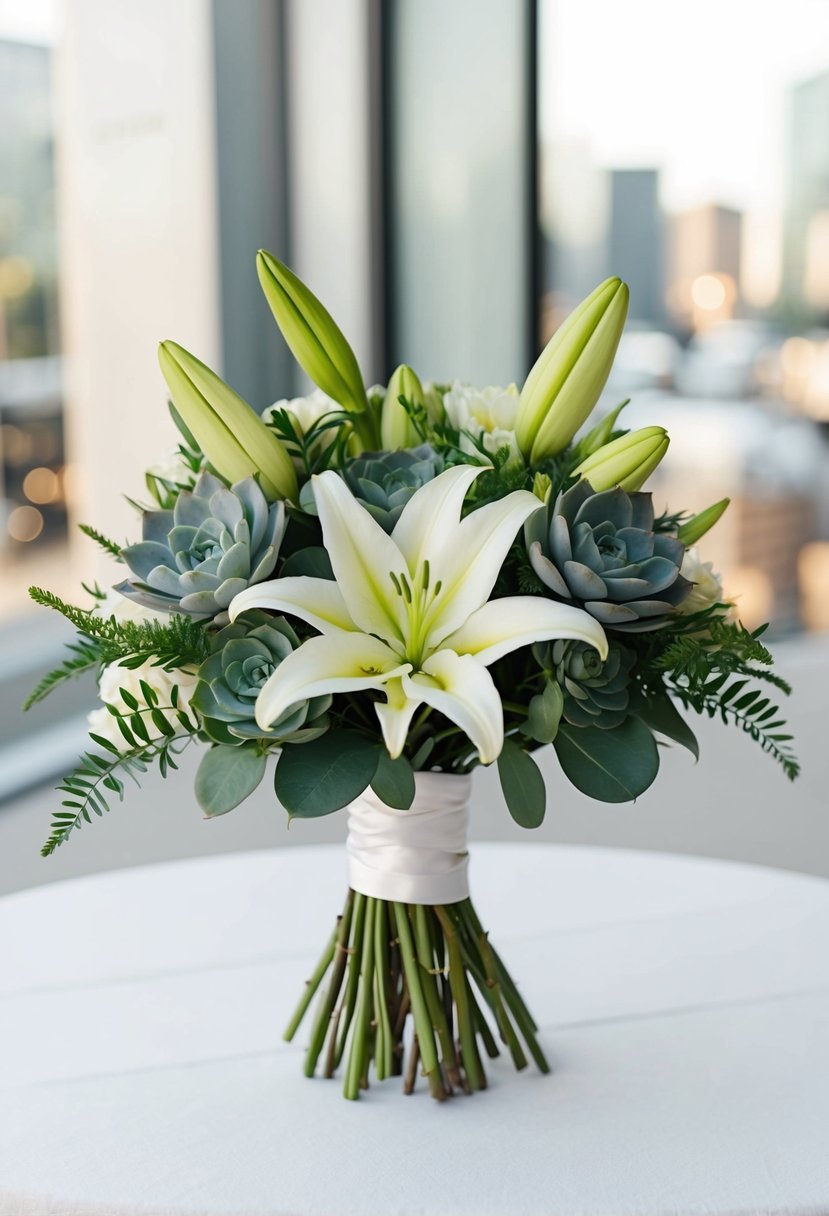 A modern lily and succulent wedding bouquet with sleek, minimalist design and a touch of elegance