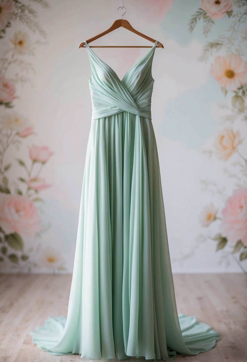 A flowing chiffon gown hangs from a hanger, with soft folds and a graceful A-line silhouette, set against a backdrop of delicate floral patterns and soft pastel colors