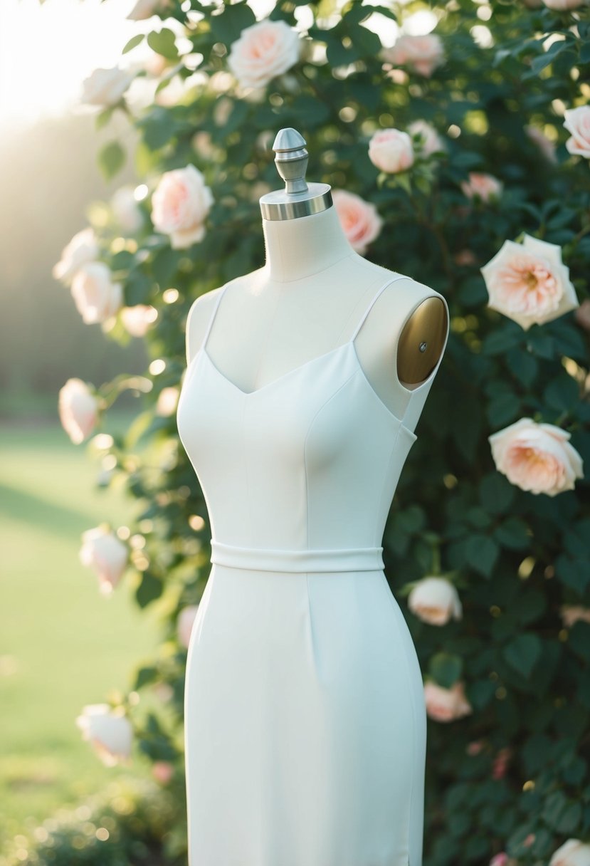 A mannequin wearing a sleek sheath dress with delicate spaghetti straps, set against a backdrop of blooming roses and soft sunlight