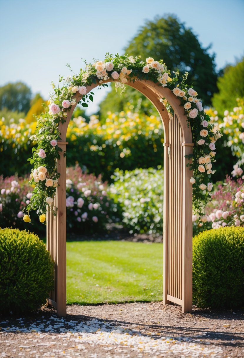 A sunny garden with a wooden arch adorned with flowers, surrounded by blooming bushes and a scattering of petals on the ground