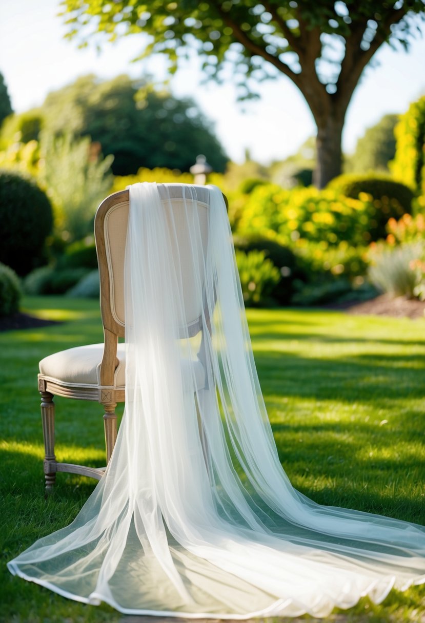 A flowing off-shoulder tulle gown draped over a vintage chair in a sunlit garden