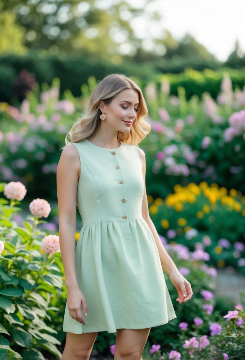 A serene garden setting with blooming flowers and a soft breeze, showcasing a pastel linen shift dress