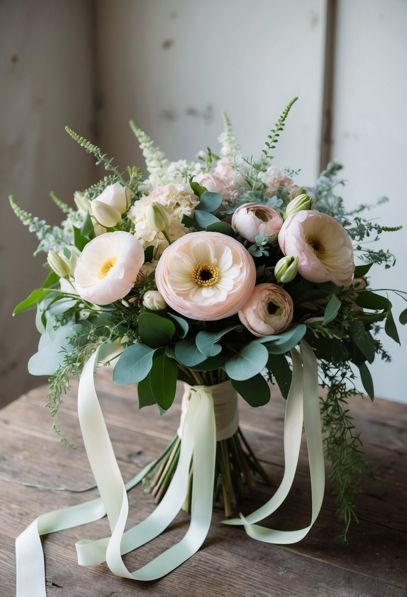 A lush bouquet of eustoma flowers in soft pastel hues, accented with delicate greenery and trailing ribbons, sitting on a rustic wooden table