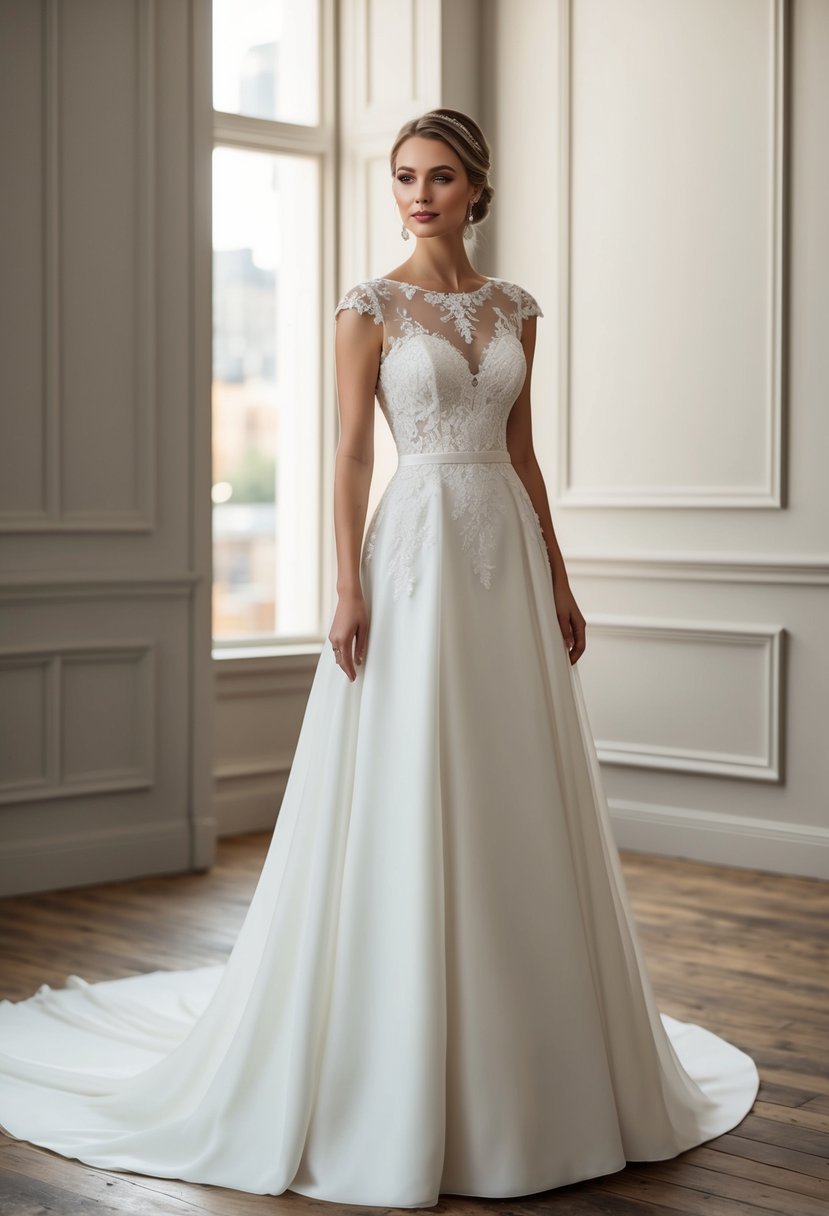 An elegant A-line wedding dress with illusion lace bodice, flowing fabric, and delicate details