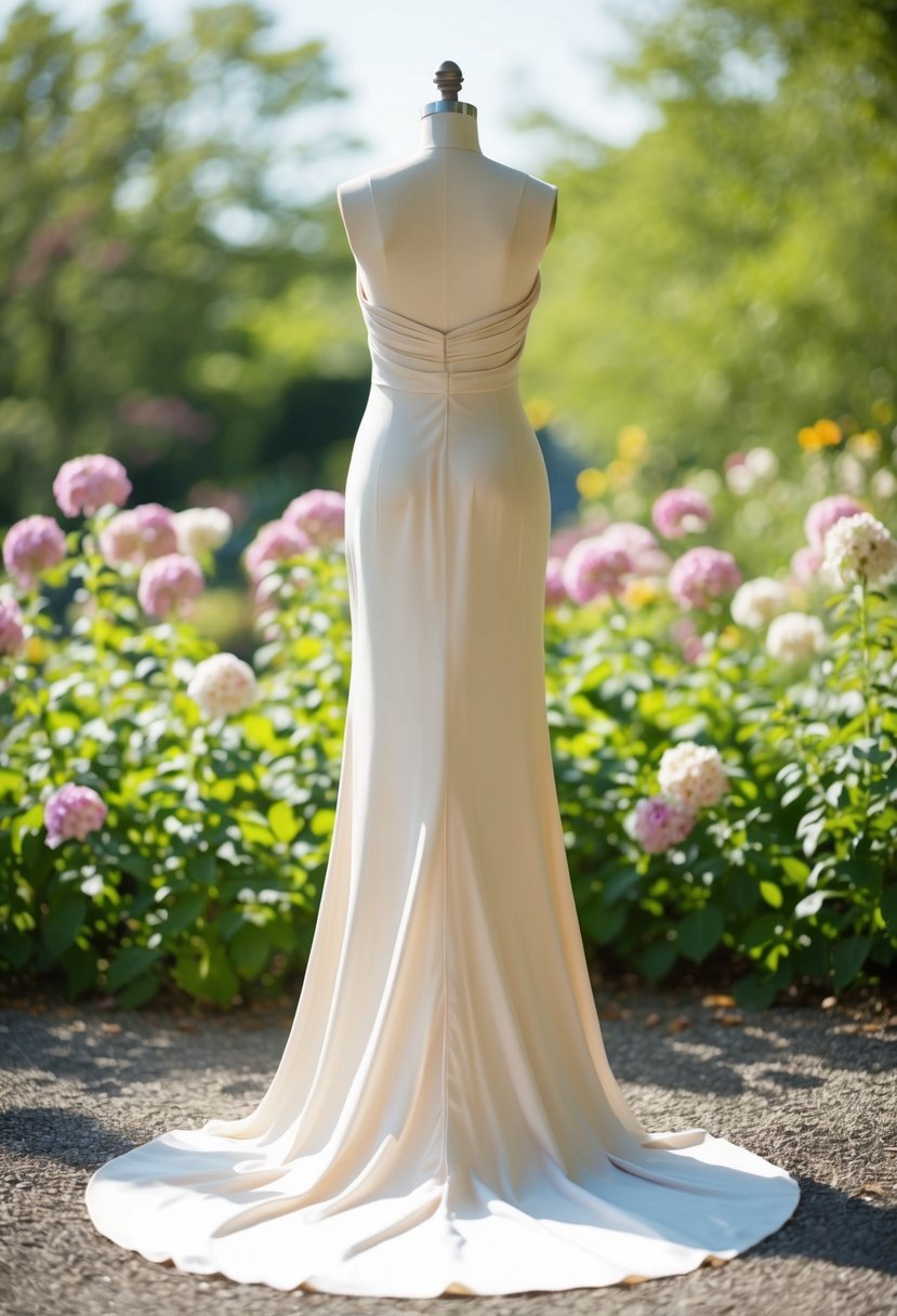 A flowing silk slip dress with a graceful train, set against a backdrop of blooming summer flowers and soft, dappled sunlight