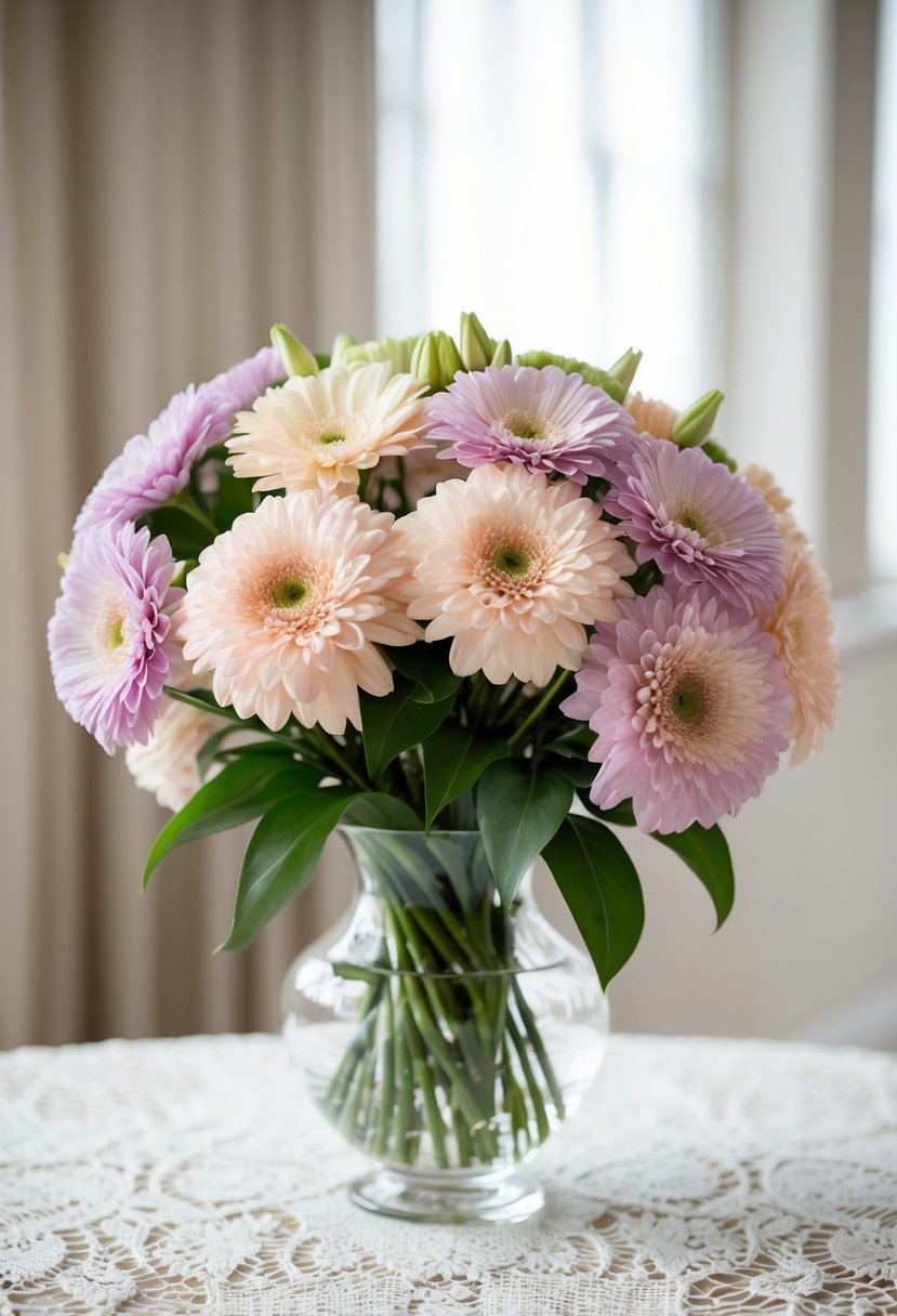 Pastel Eustoma bouquets arranged in a glass vase on a lace tablecloth