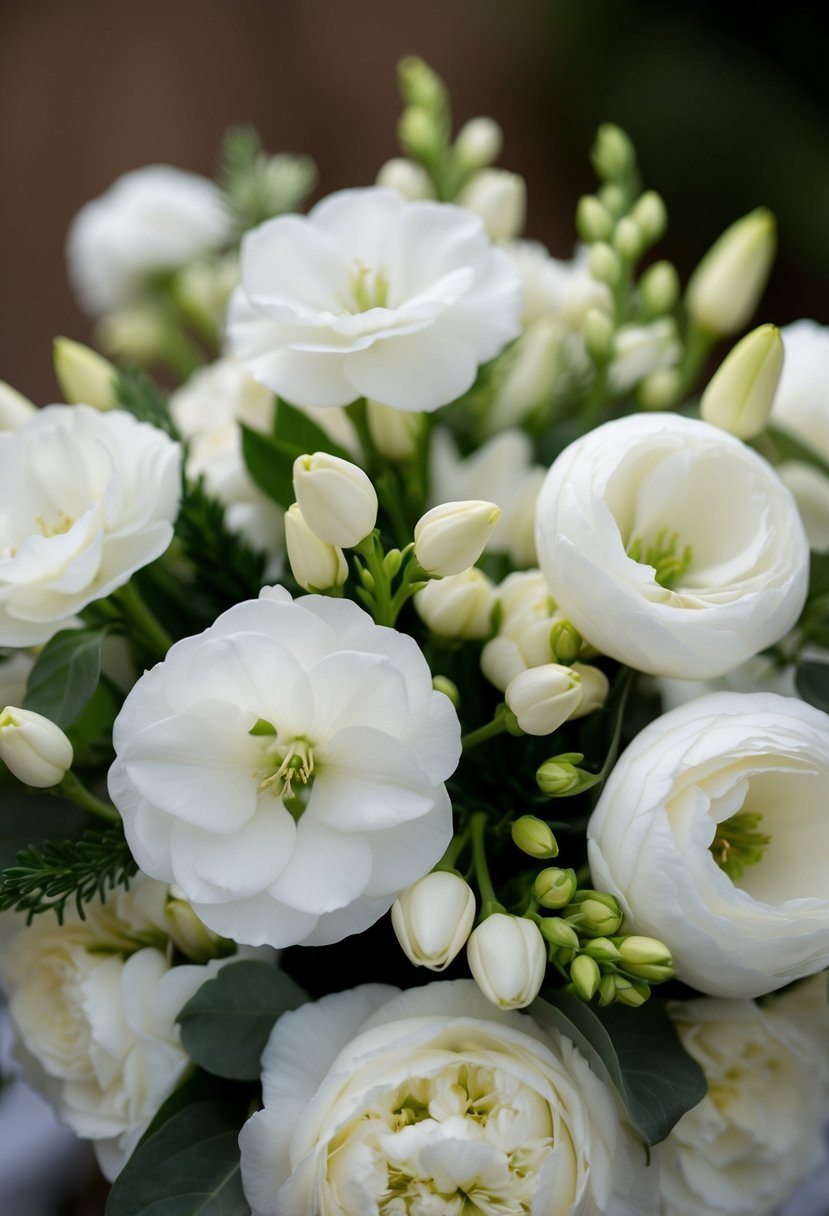 A delicate mix of white lisianthus and eustoma blooms in a wedding bouquet