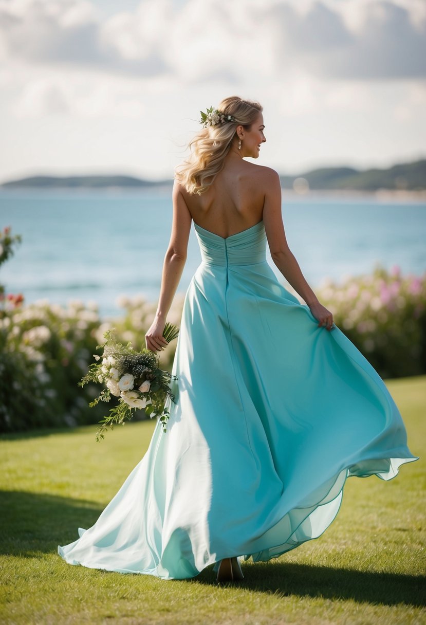 A convertible bridesmaid dress flowing in the breeze at a June wedding by the seaside