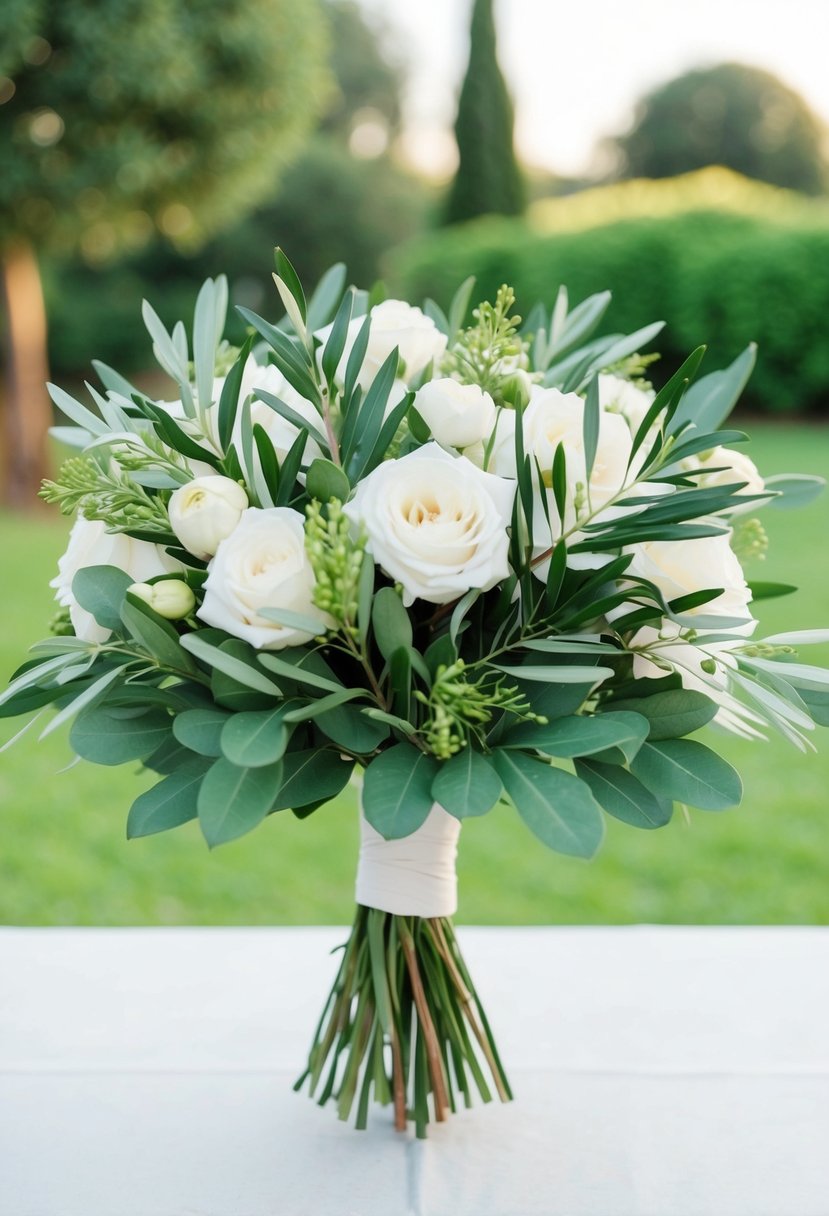 A lush eustoma wedding bouquet with delicate olive branch accents