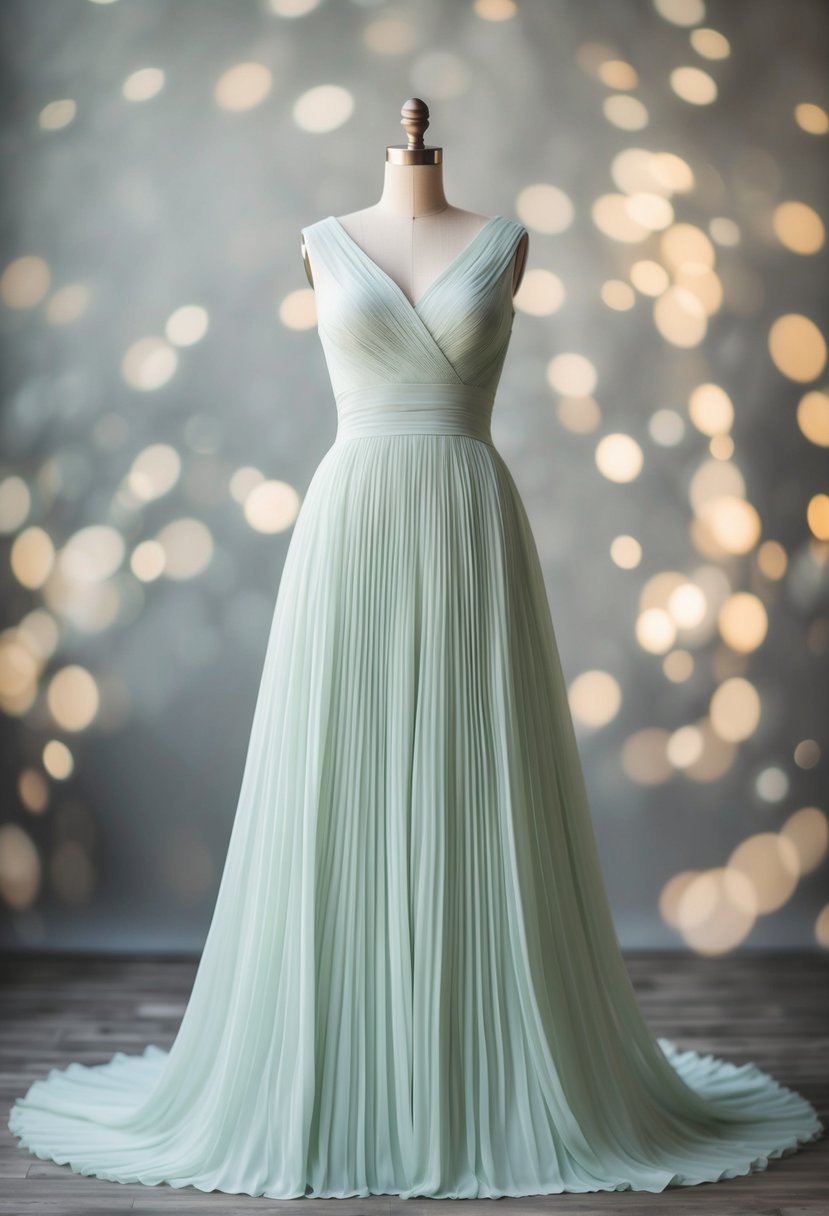 A flowing empire waist gown in soft pastel hues, with delicate pleats cascading down the skirt