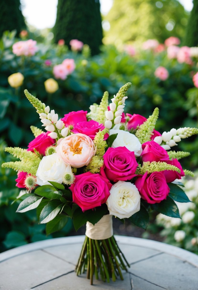 A lush garden with vibrant roses and delicate eustoma flowers arranged in a beautiful wedding bouquet