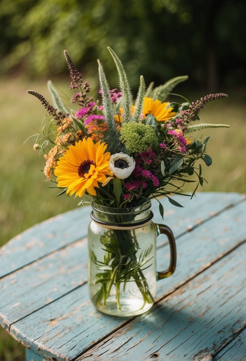 A rustic wildflower and eustoma bouquet arranged in a vintage mason jar on a weathered wooden table