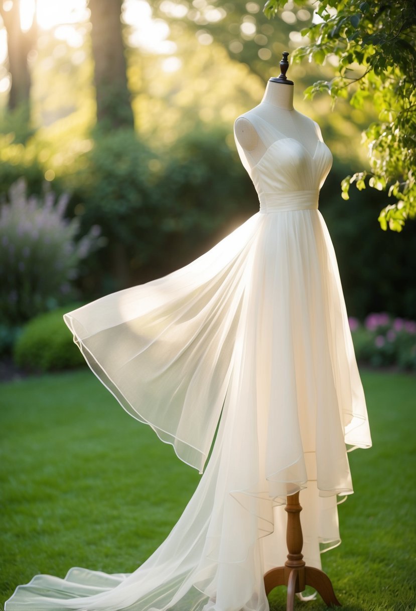 A flowing organza dress in a garden setting, with soft sunlight filtering through the trees, creating a romantic and ethereal ambiance