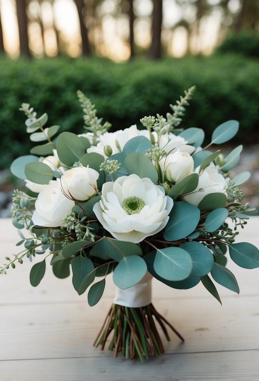 An elegant bouquet of eustoma and eucalyptus arranged in a delicate wedding bouquet