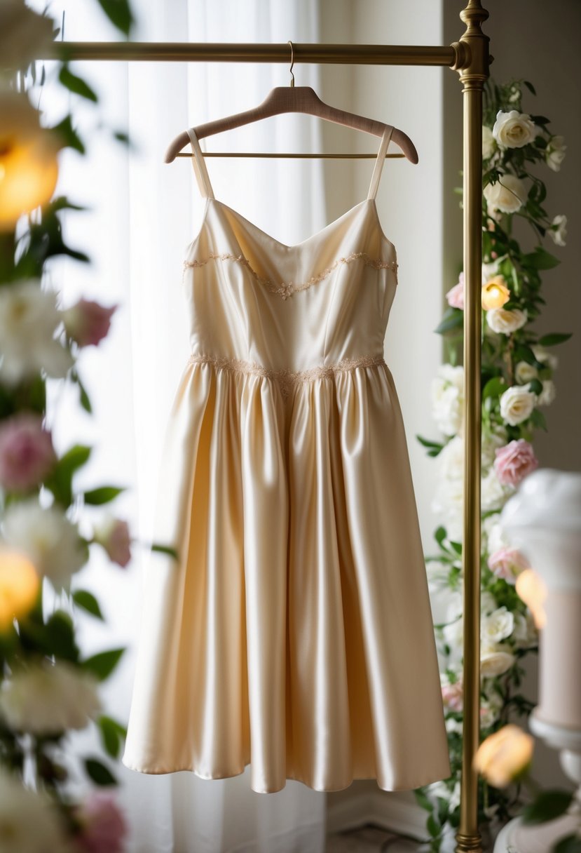 A delicate vintage satin tea dress hangs from a brass clothing rack, surrounded by soft, romantic lighting and floral accents