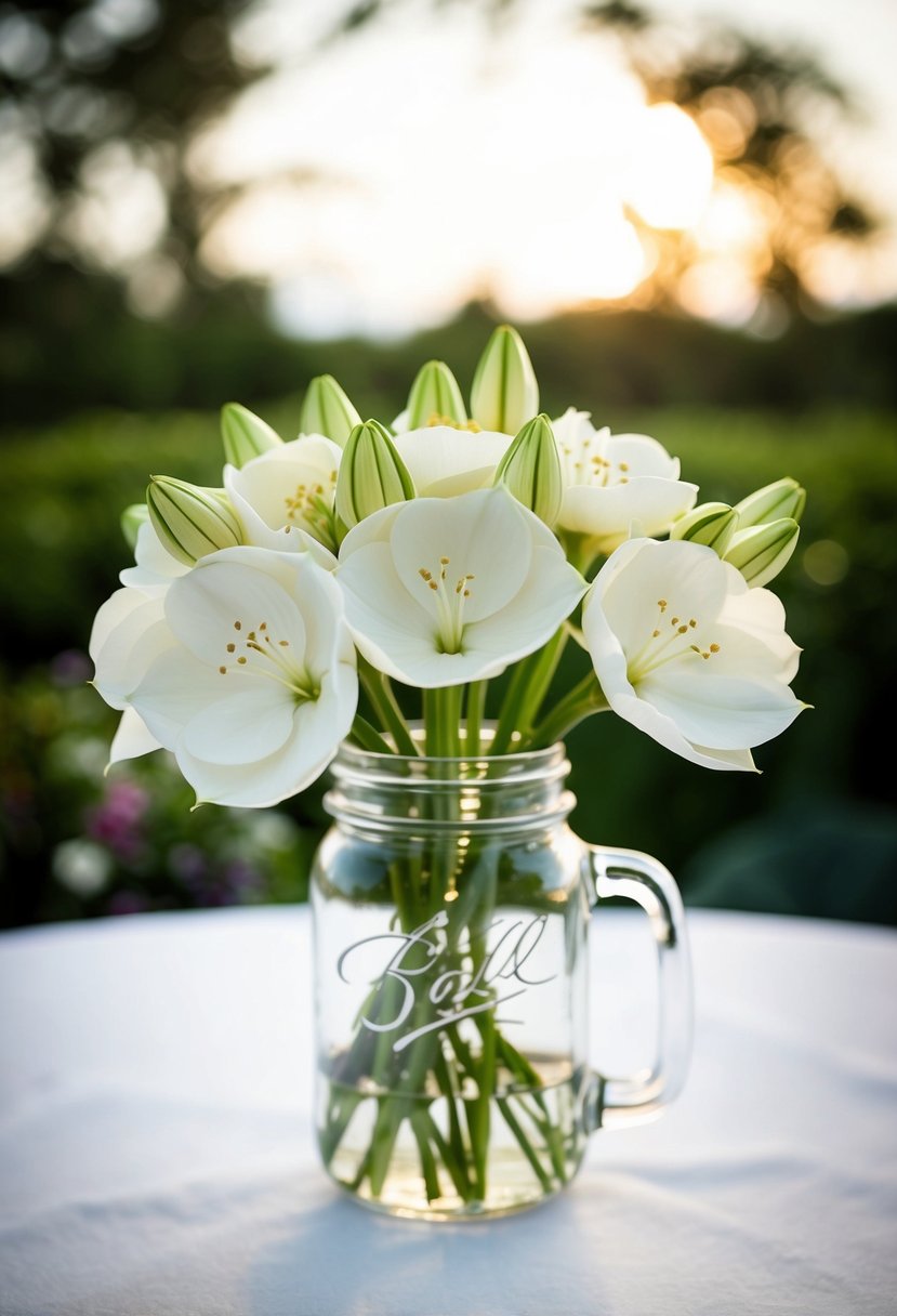 A mason jar filled with eustoma flowers, arranged in a delicate wedding bouquet