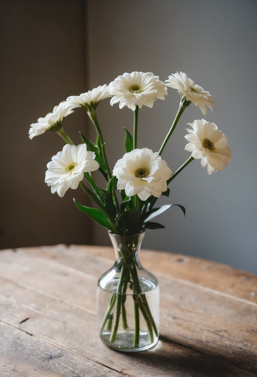 A simple single-stem Eustoma bouquet stands in a clear vase on a rustic wooden table, with soft natural light illuminating the delicate petals