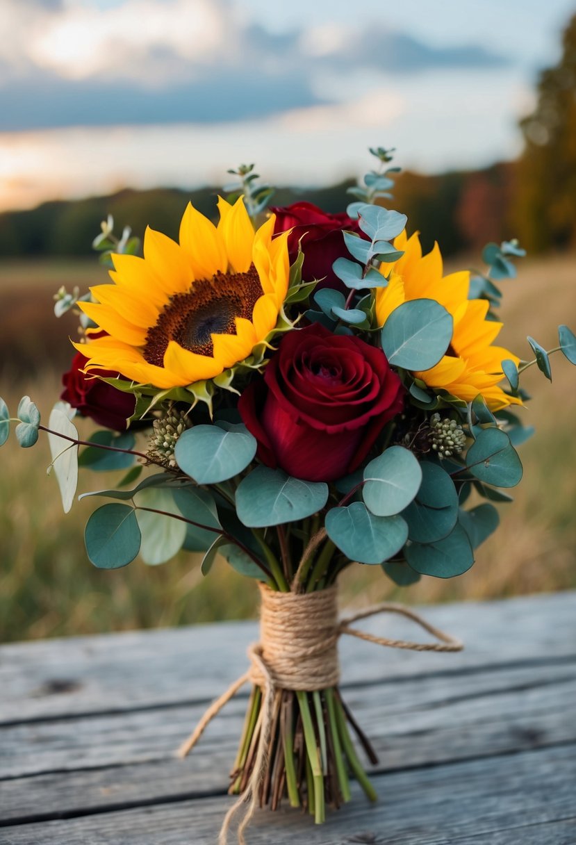 A rustic fall wedding bouquet with sunflowers, red roses, and eucalyptus tied with twine