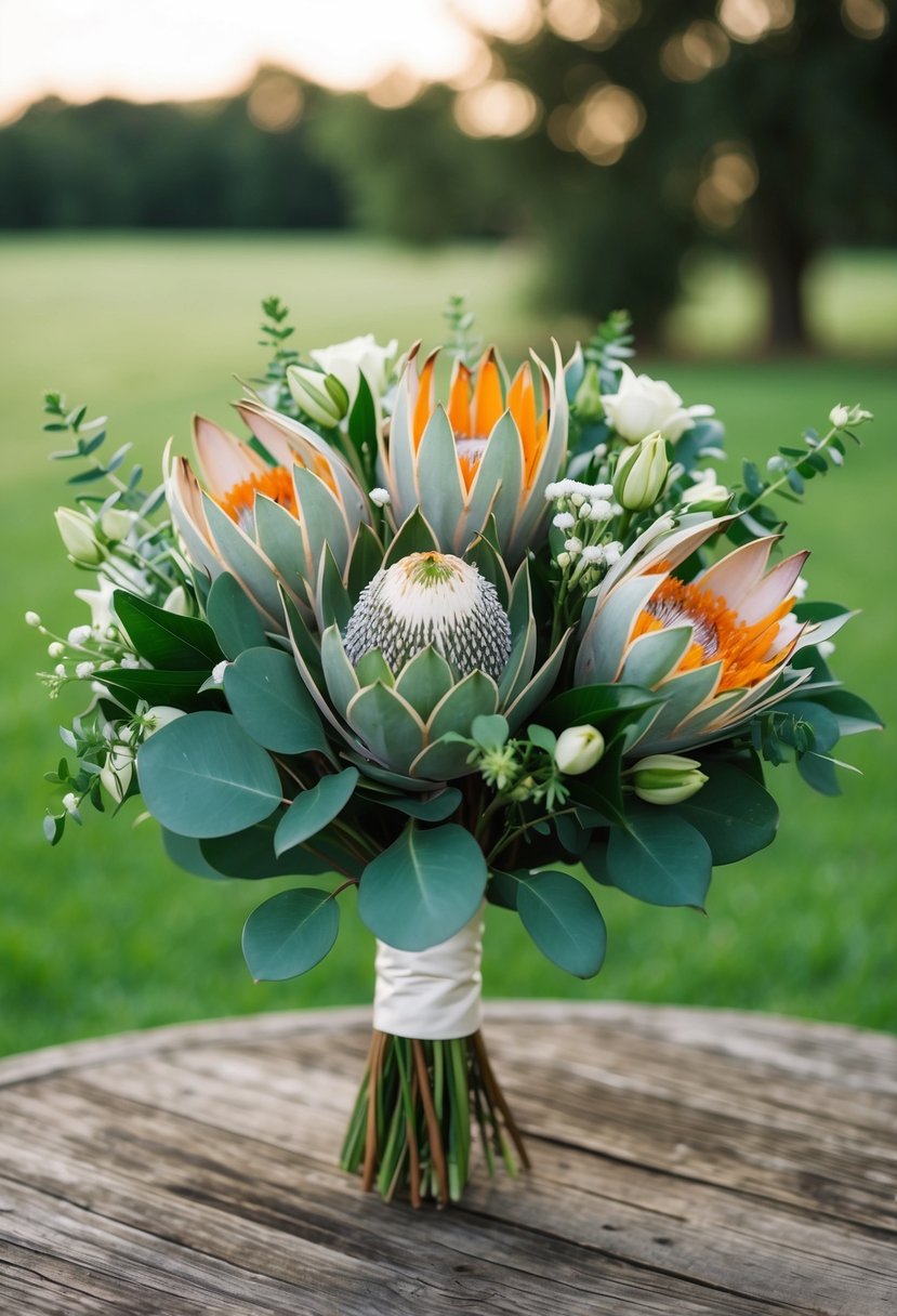 An elegant arrangement of eustoma and protea in a wedding bouquet