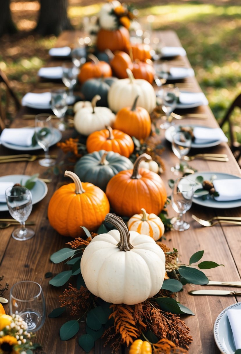 A wooden table adorned with rustic pumpkin centerpieces and fall foliage, creating a unique and cozy atmosphere for a wedding bouquet